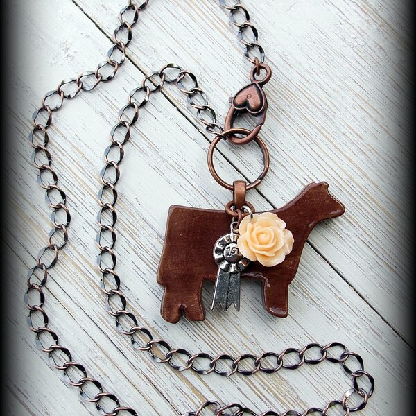 Red Angus, Shorthorn Heifer, 4-H , Stock Show Jewelry,  Livestock Jewelry  Kiln Fired Pottery Pendant, Copper Chain Necklace, Approx 20