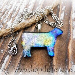 1 1/2 Wide Beautiful Kiln Fired Dichroic Glass Heifer 2 Layers Of Glass Livestock Jewelry Show Cattle Charm 18 Stainless Steel Chain image 2