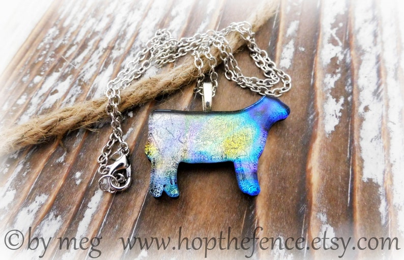 1 1/2 Wide Beautiful Kiln Fired Dichroic Glass Heifer 2 Layers Of Glass Livestock Jewelry Show Cattle Charm 18 Stainless Steel Chain image 2