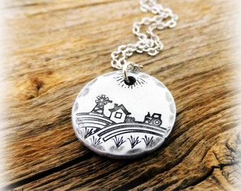 3/4" Round Petite Farm Scene- Hand Tooled/Stamped- Thick 12 Gauge Aluminum- 18" Stainless Steel Petite Chain