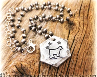 1"  Rustic Show Steer Necklace- Faux Navajo Pearl Choker- Stock Show Charm- Hand Tooled/Stamped- Thick 12 Gauge Aluminum- 14"+3" Ext.