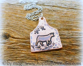 1" Tall Rustic Copper Cow Tag Cattle Necklace-  Hand Stamped/Tooled- Sealed- Comes With 18" Stainless Chain Necklace-