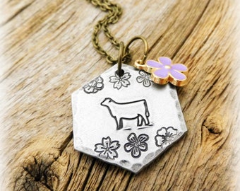 1.25" Floral Heifer  Necklace- Hand Tooled/Stamped- Thick 12 Gauge Aluminum-  17" Bronze Chain With Shown Charm Embellishment
