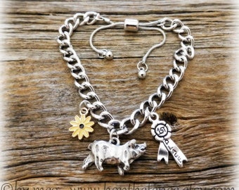Pewter Show Hog Bracelet- Adjustable Chain - Stock Show Jewelry- Enamel Sunflower Charm & Rosette Ribbon Charm