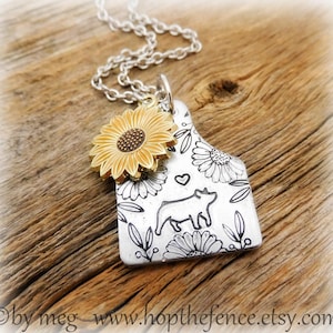1 1/4&quot; Tall- Floral Show Hog, Pig  Necklace, Stock Show Jewelry, 4-H Charm- Hand Tooled-14g Aluminum- 18&quot; Stainless Chain- Enamel Charm