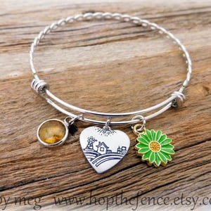 2.5&quot; Charmed Farm Scene Stainless Bangle Bracelet- Heifer Charm, Stock Show Jewelry, Hand Stamped Aluminum- Quality Enamel & Crystal Charms