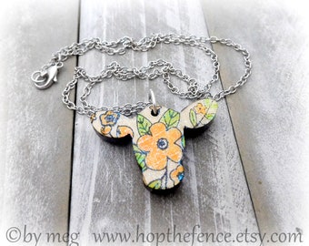 1 1/2" Wide, Orange Poppies  Cattle Necklace, Livestock Jewelry, 1/4" Thick Laser Cut Wood, Has A Touch Of Sparkle 18" Stainless Steel Chain