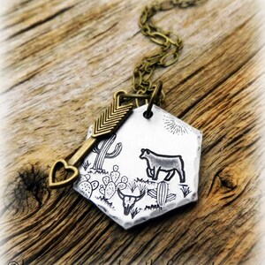 1.25 Cactus Cattle Necklace Hand Tooled/Stamped Thick 12 Gauge Aluminum Adjustable 20 Bronze Chain With Shown Charm Embellishment image 2