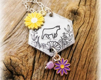 1.25" Floral Cattle Necklace- Hand Tooled/Stamped- Thick 12 Gauge Aluminum- 18" Stainless Chain With Shown Flower Charm Embellishment