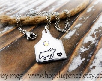 1" Tall, Cow Tag Hog/Pig Necklace, Stock Show Charm, 14 Gauge Thick Aluminum- 18" Stainless Steel Chain- In Set Swarovski Glass Crystal-