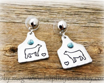 1" Tall Cow Tag- Show Calf Earrings, Stock Show Jewelry, 4-H Necklace- 14 Gauge Hand Stamped/Tooled No Tarnish Aluminum- Inset Howlite Cab