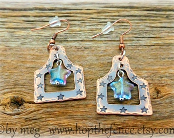 1+"  Copper Cow Tag Earrings- Hand Stamped/Tooled- Tiny Glass Center Stars-  Super cute