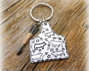 1 1/2" Tall, " Hog/Pig Keychain, Stock Show Jewelry, Livestock Charm, Hand Tooled/Stamped Thick 14g Aluminum- With Arrow Charm