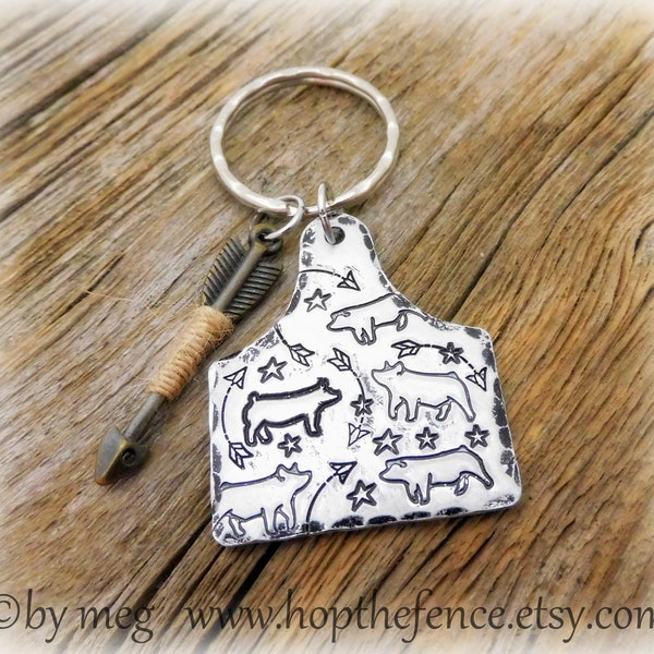 1 1/2" Tall, " Hog/Pig Keychain, Stock Show Jewelry, Livestock Charm, Hand Tooled/Stamped Thick 14g Aluminum- With Arrow Charm