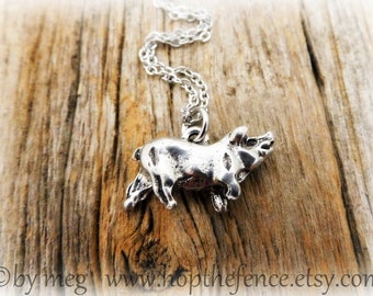 1" Wide- Pewter Hog Charm- Super Cute- Realistic Double Sided- 18"  Petite Stainless Chain-