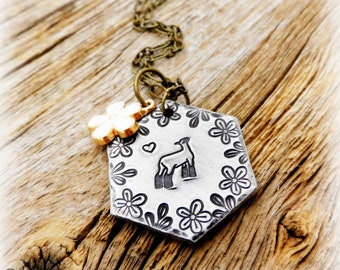 1.25" Floral Show Sheep Necklace- Hand Tooled/Stamped- Thick 12 Gauge Aluminum-  18" Bronze Chain With Shown Charm Embellishment