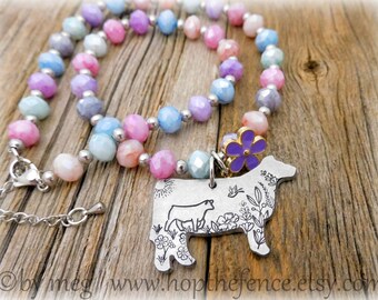 1.5" Floral Heifer Necklace, 8mm Faceted Glass Beads 16"+ 2" Ext. Beaded Necklace- Hand Tooled/ Stamped, 12G Aluminum- Enamel Charm