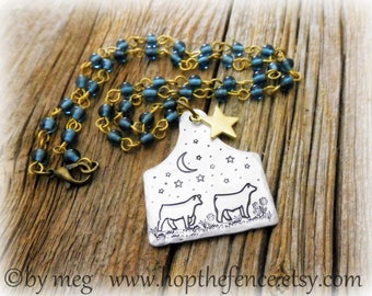 1.5" Tall Cow Tag Show Cattle Necklace/Jewelry- Hand Tooled/Stamped 14g Aluminum Stock Show Charm-, Adjustable 18" Glass Bead Chain Necklace