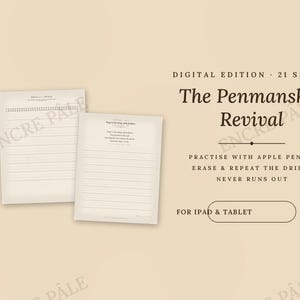 Peut inclure: Deux feuilles d'entraînement numériques avec des lignes horizontales sur un fond beige clair. Le texte indique : DIGITAL EDITION 21 SHEETS The Penmanship Revival PRACTISE WITH APPLE PENCIL ERASE & REPEAT THE DRILLS NEVER RUNS OUT FOR IPAD & TABLET.