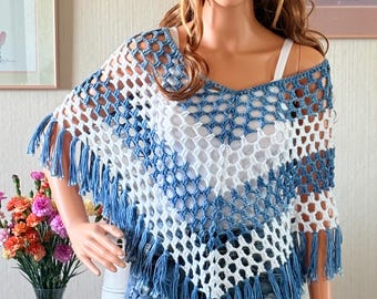 Stagecoach Festival inspired denim blue and white handmade crocheted 100% cotton cropped poncho top