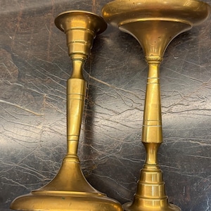 Antique Brass Candlesticks Pair 19th Century, Heavy 1lb Solid Sand Cast Taper Holders, Seamless Baluster Style with Raised Maker Mark RC