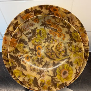 Vintage Mid Century Modern Fiberglass Serving Bowl Set of 2, Retro Traymold 1960s 1970s Autumn Floral Salad Bowls, Harvest Gold Kitchen