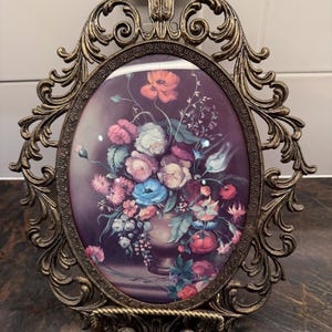 Pair of Vintage Ornate Gold Metal Oval Frames with Convex Bubble Glass, 13.5” Floral Bouquet Prints, Hollywood Regency Wall Art Set