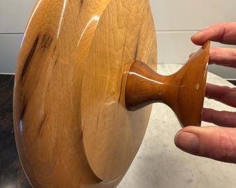 Vintage Mid Century Wood Cake Stand, 10" Hand Lathed Hardwood Pedestal, Retro Glossy Wooden Fruit Compote Bowl, Serving Platter