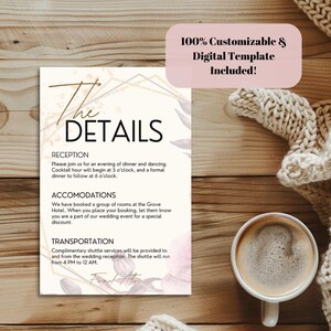 Modelo de detalhes do casamento Cartão de informações de casamento faça você mesmo Modelo Canva Modelo digital de casamento em PDF Cronograma de convidados Inserção de recepção Planejamento