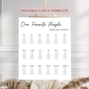 May include: A printable wedding seating chart template with the text "Our Favorite People" and "Your Seat Awaits". The chart is divided into 18 sections, each labeled with a number from one to eighteen.