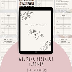 May include: A printable wedding research planner with a minimalist design featuring black floral illustrations and the text "Let's start the research for the wedding of Abby + Brett". The planner includes sections for possible vendors, bride side, and groom side.