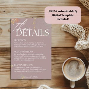 Moderne Hochzeitsdetails Kartenvorlage Druckbare Hochzeitsinformationskarte DIY Hochzeitsvorlage Digitaler Gästeführer Empfang Info Canva PDF