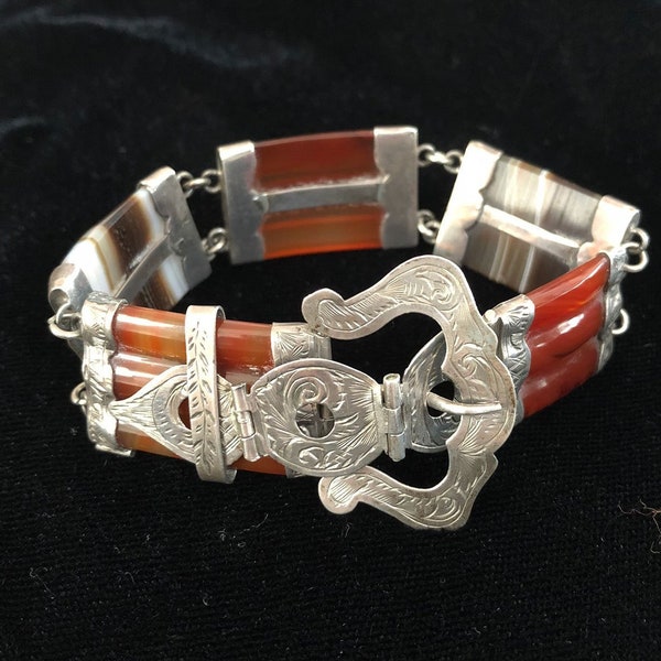 Antique Victorian Scottish Agate Bracelet, Buckle Design, Etched Silver, 5-Panel Banded Stones, Handcrafted, 26.8 grms tw, Excellent Cond