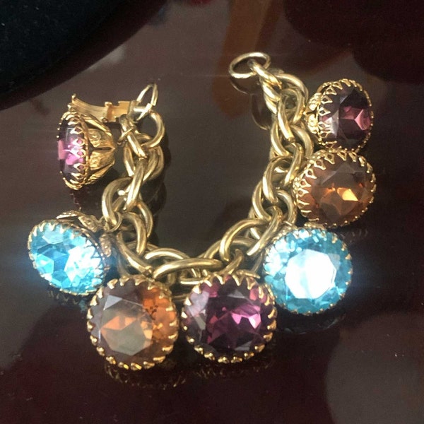 Vintage Bauble Charm Bracelet, Big Multicolored Rhinestones, Thick Rope Chain, Gold Plated, Purple, Blue, Brown, Like New