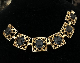 Vintage Mid-Century Bracelet, Signed GAD, Montana Sapphire Glass Stones, Heavy Gold Plate, Quality Materials, Like New
