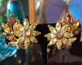 Vintage Crown Trifari Earrings, 1960s Mark, Yellows & Browns, Flower/Leaf Design, Ultra Sparkle, Quality Trifanium Plating, Exc Cond