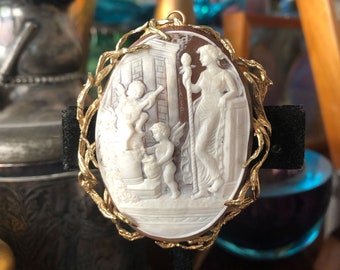 Antique Scenic Shell Cameo, Large Brooch/Pendant, Newer Custom OOAK 14k Frame, Art Nouveau Styling, Eros Anteros Venus