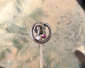 Fine Diamond Ruby Stick Pin, Victorian, Signed "585", 14k Gold & Rhodium, .03ct European Cut Gemstones, 2.2gm tw, Love Knot Design, Symbolic