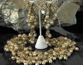 Crazy Insane Fringe Necklace Earring Set, Bridal?, Caged Faux Pearls, Long Bow Earrings, Massive Statement Pieces, Gold Plate, Rhinestones