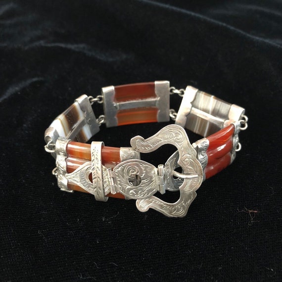 Antique Victorian Scottish Agate Bracelet, Buckle… - image 1