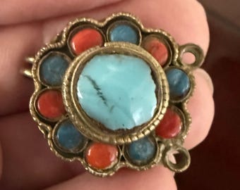 Salvaged Old Art Glass Clasp, Brass Metal, Two Strands, Simple Hook Closure, Turquoise & Lapis Blue, Red Coral, Bevel Set, Tribal/Turkish