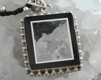 Sterling Picture Jasper Pendant - Moonscape Design with Studded Braided Leather Cord