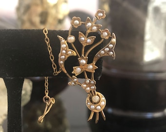 Antique Seed Pearl Brooch, Victorian, New Zealand, 9ct Gold, Symbolic Bouquet Design, w/Safety Pin, Timeless, Excellent Condition