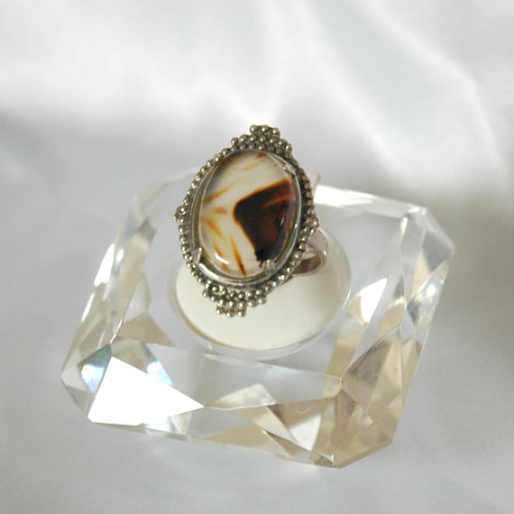 Samuel Platzer Co Moss Agate Ring, Translucent Slice, Sterling, Beaded Setting, Open Back, Signed S.P. Co., Sz 7.5, Excellent Condition