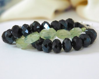 Prehnite Triple Strand Bracelet with Czech Crystal and Sterling Silver