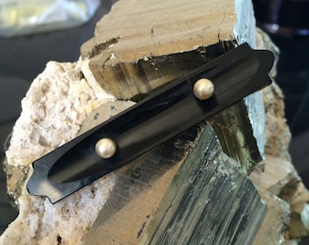 Late Victorian Mourning Brooch, Jet with Faux Pearl Accents, Art Deco Design, Celluloid Backing, Base Metal, Very Good Antique Condition