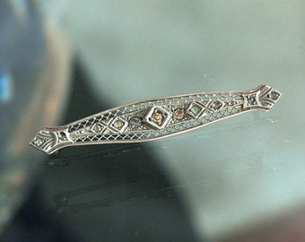 F&B, Foster and Bailey, Sterling Bar Brooch, Antique Pre-1900 Victorian, Lacy Filigree, Rhinestone, Great Old Condition