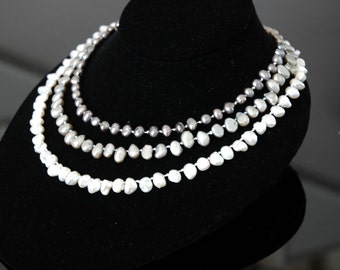 Gradiant Pearl Necklace, Bridal?, 3 Strands, Knotted, Black & Gray Potato Pearls, White Keishi Pearls, Ornate Sterling Clasp