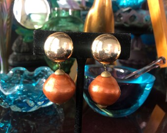 Pendientes Vintage Mod Bauble, Orbes Esmaltados de Cobre, Espejo De Oro Chapado, Metal latón, Respaldos de Clip, Muy Buen Estado