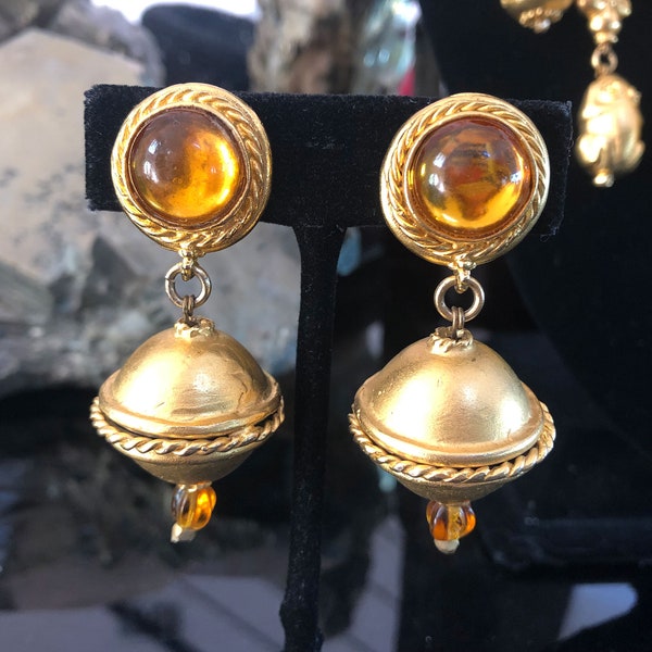 Retro 80s–90s Deanna Hamro Earrings, Etruscan Revival Design, Large Bauble Pendants, Topaz Glass Button Tops, Heavy Gold Plated, Like New